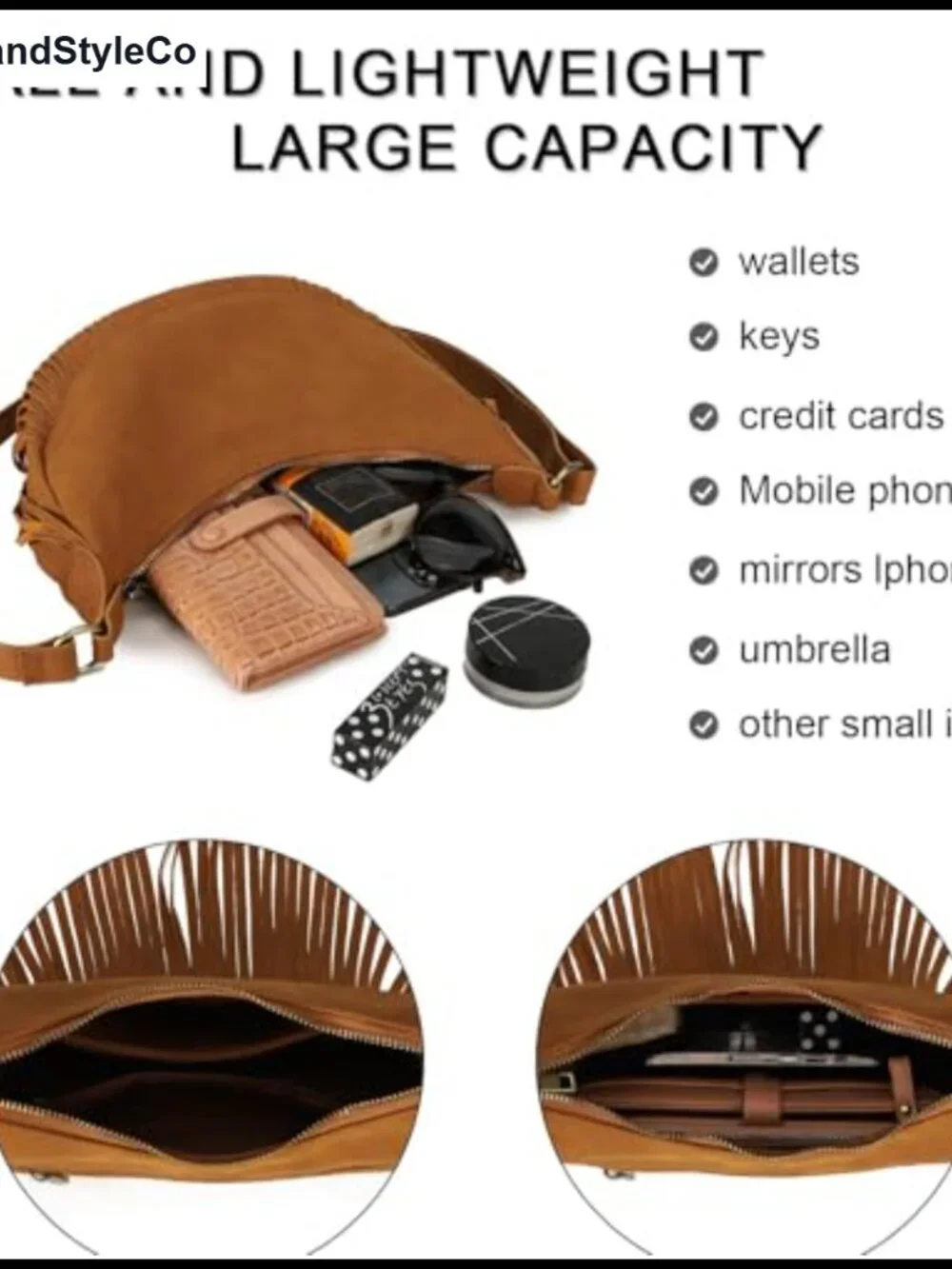 Fringe Crescent Crossbody Hobo Purse Vegan Suede Lightweight Multi Pockets